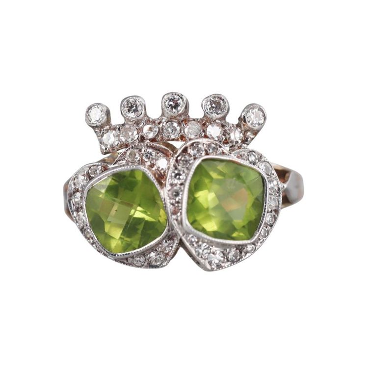 14k Gold Diamond and Peridot Crown Ring
