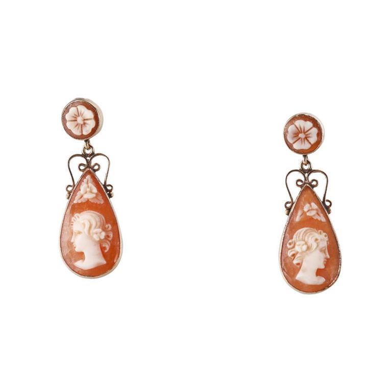 Antique 14k Gold Cameo Drop Earrings