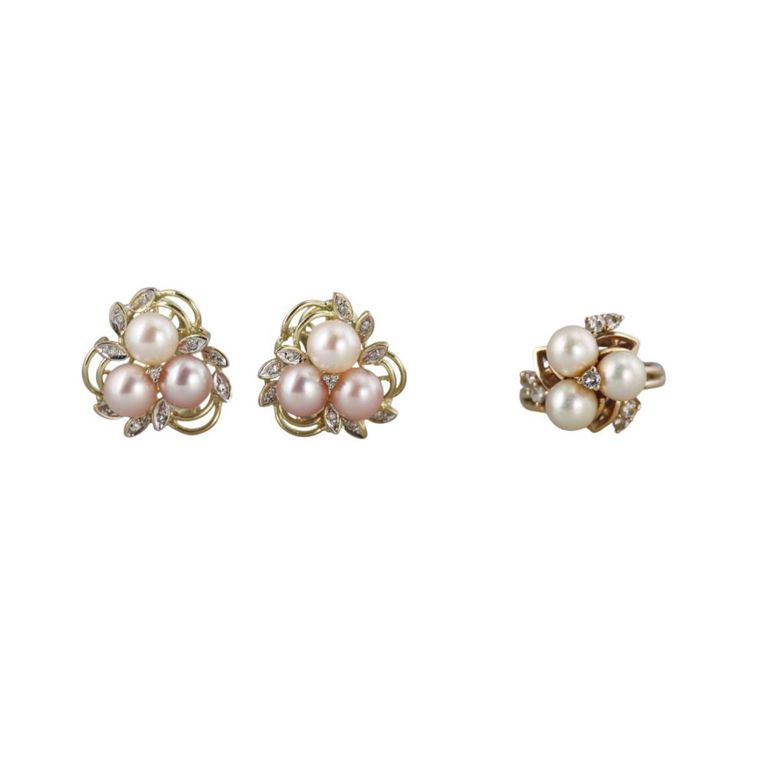14k Gold Diamond and Pearl Jewelry Set