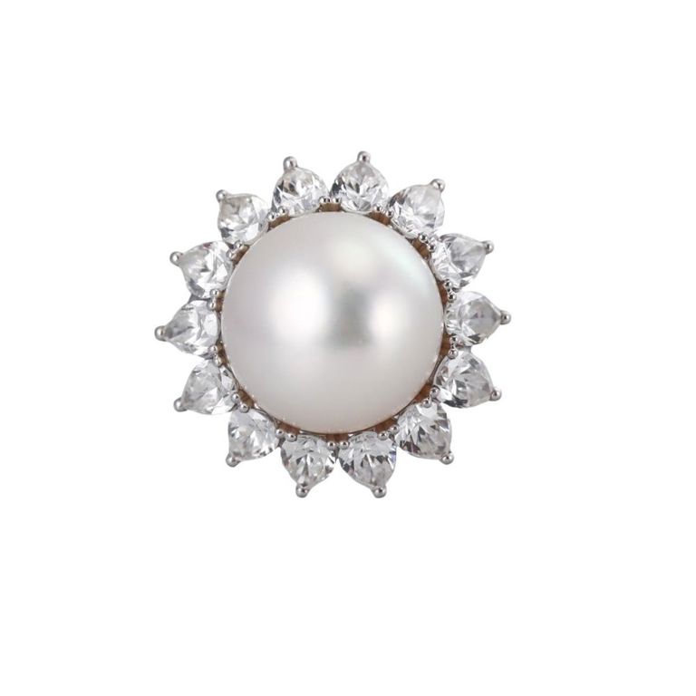 Platinum Pearl and Diamond Cocktail Ring