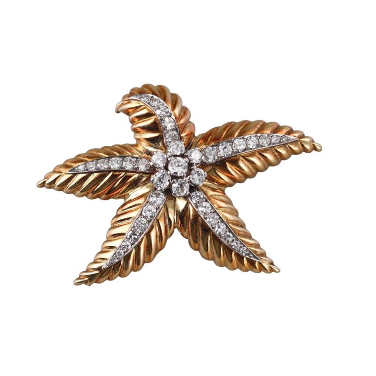 18k Gold Diamond Starfish Brooch