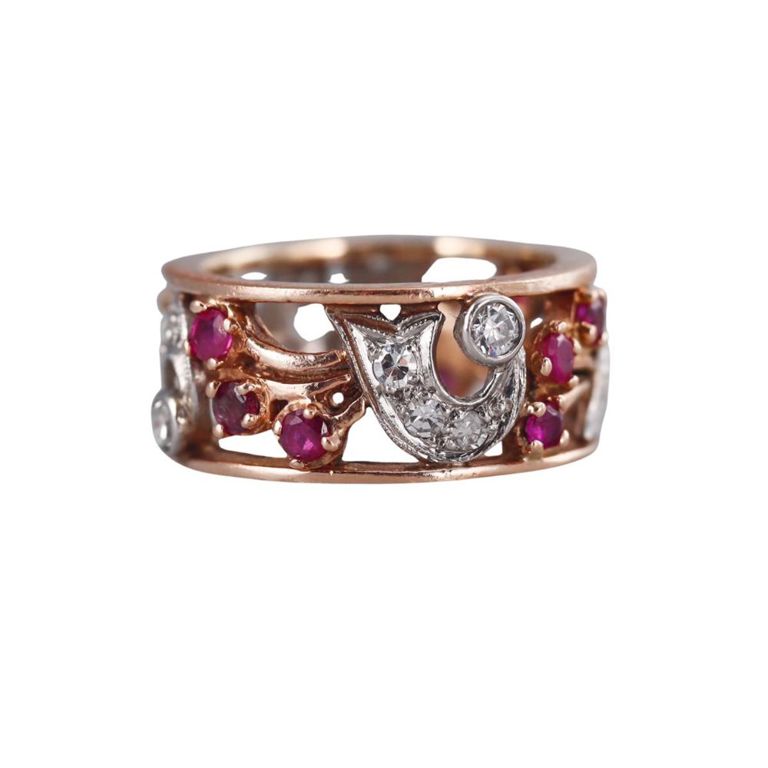Retro 18k Gold Diamond and Ruby Band Ring