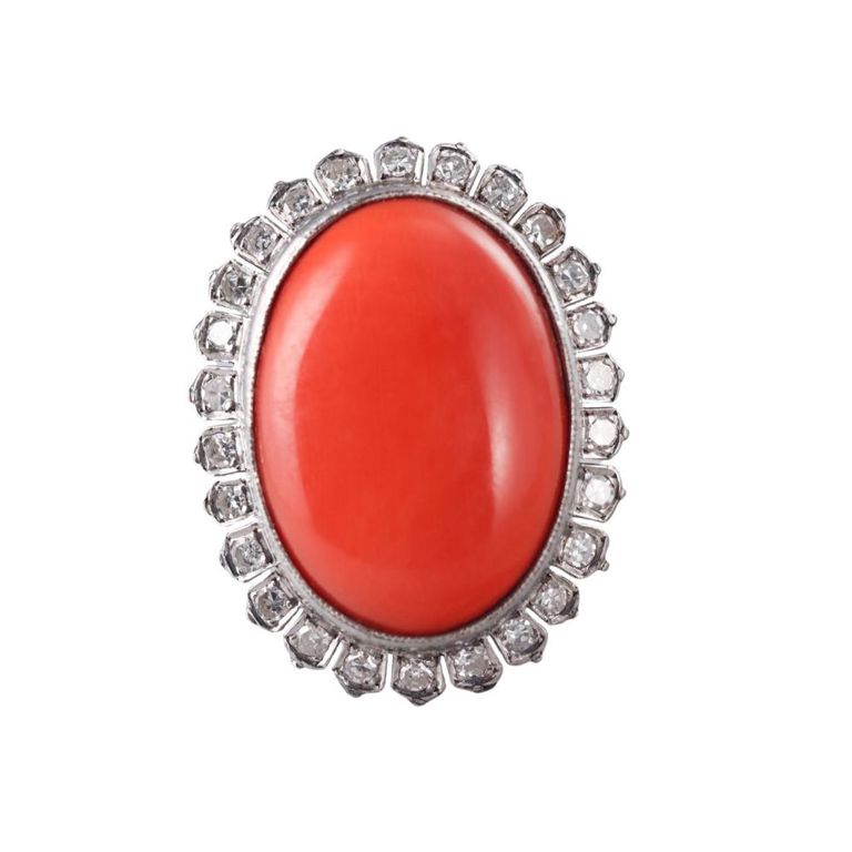 14k Gold Coral and Diamond Cocktail Ring