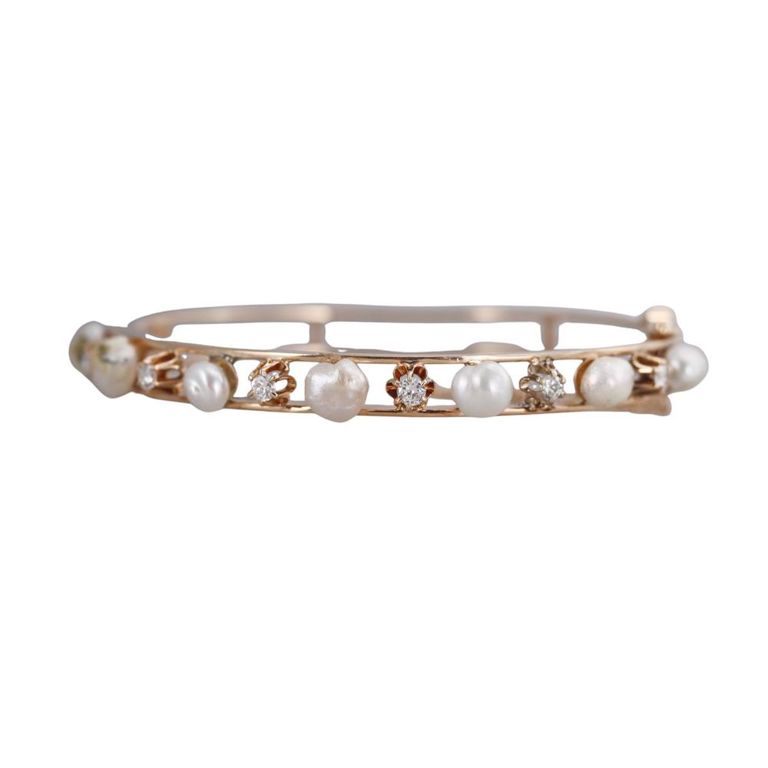 14k Gold Diamond and Pearl Bangle Bracelet