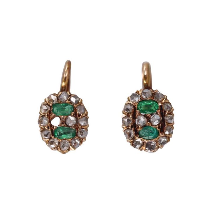 18k Gold Diamond and Emerald Earrings