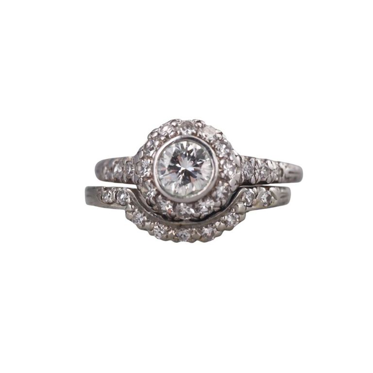 Mid Century Platinum 18k Gold Diamond Ring Set