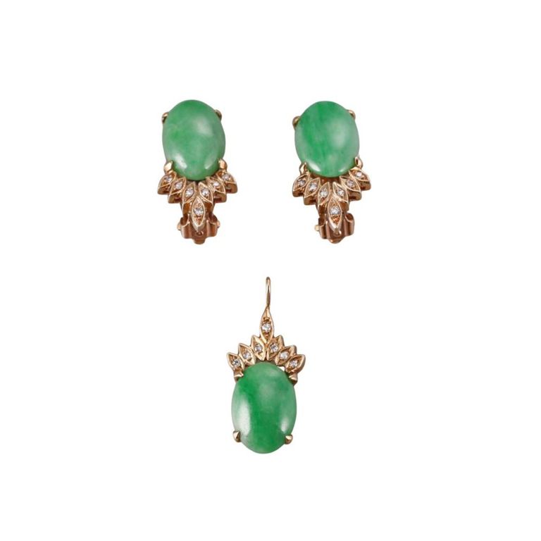 14k Gold Jade and Diamond Jewelry Set