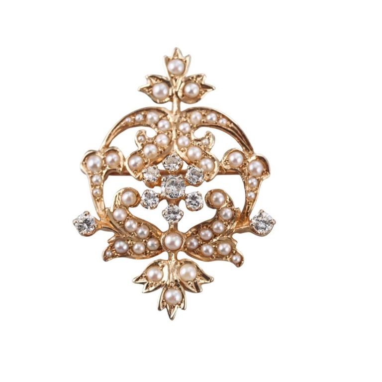 14k Gold Pearl and Diamond Brooch/Pendant