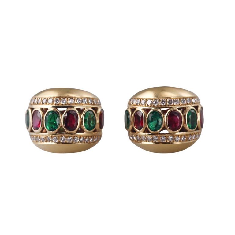 18k Gold Ruby Emerald Diamond Half Hoop Earrings
