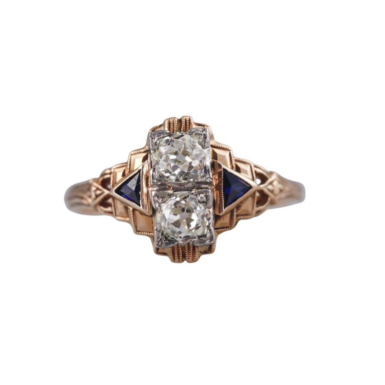 Art Deco 14k Gold Diamond and Sapphire Ring