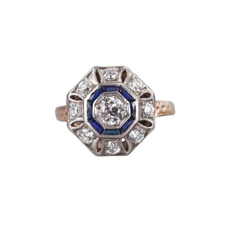 Art Deco 14k Gold Diamond and Sapphire Ring