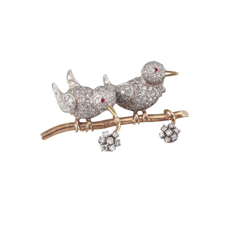 14k Gold Platinum Diamond and Ruby Birds Brooch