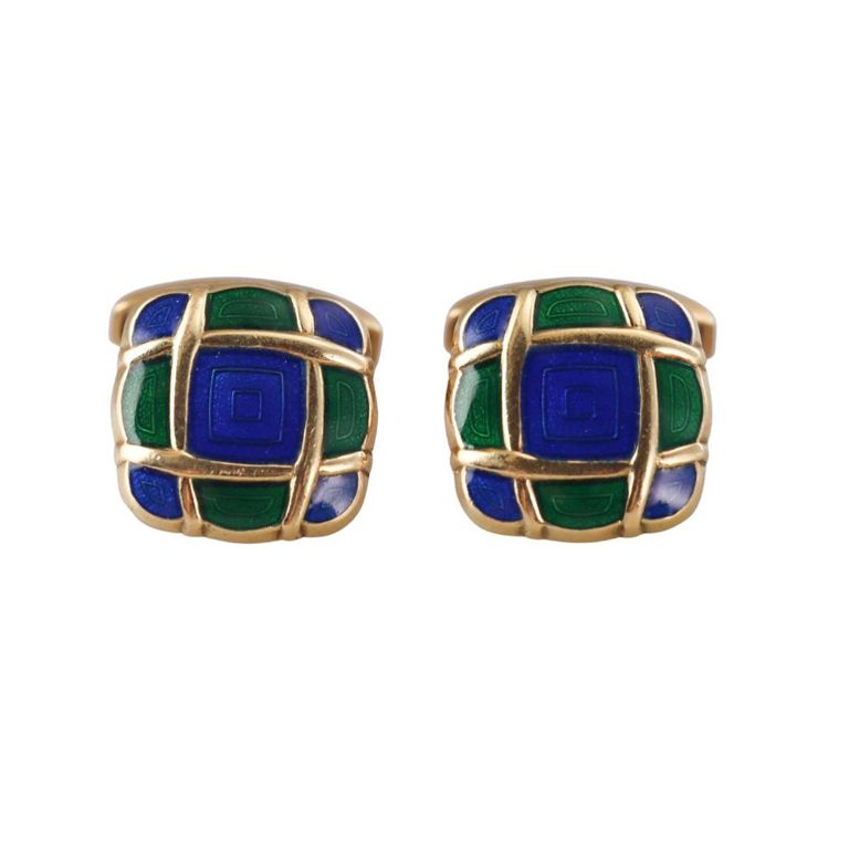Pair of 18k Gold Blue and Green Enamel Cufflinks