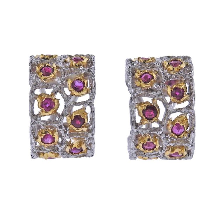Pair of 18k Two-Color Gold Ruby Hoop Earrings