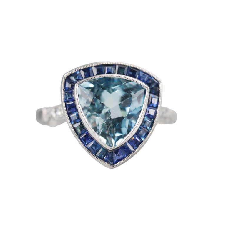 Platinum Aquamarine, Diamond and Sapphire Ring