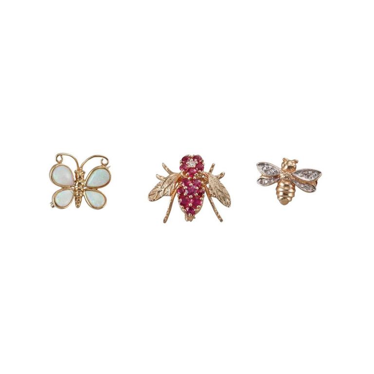 Set of 3 Gold Diamond, Ruby, Opal Insect Brooches