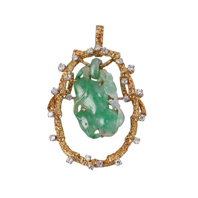 18k Gold Jade and Diamond Brooch/Pendant