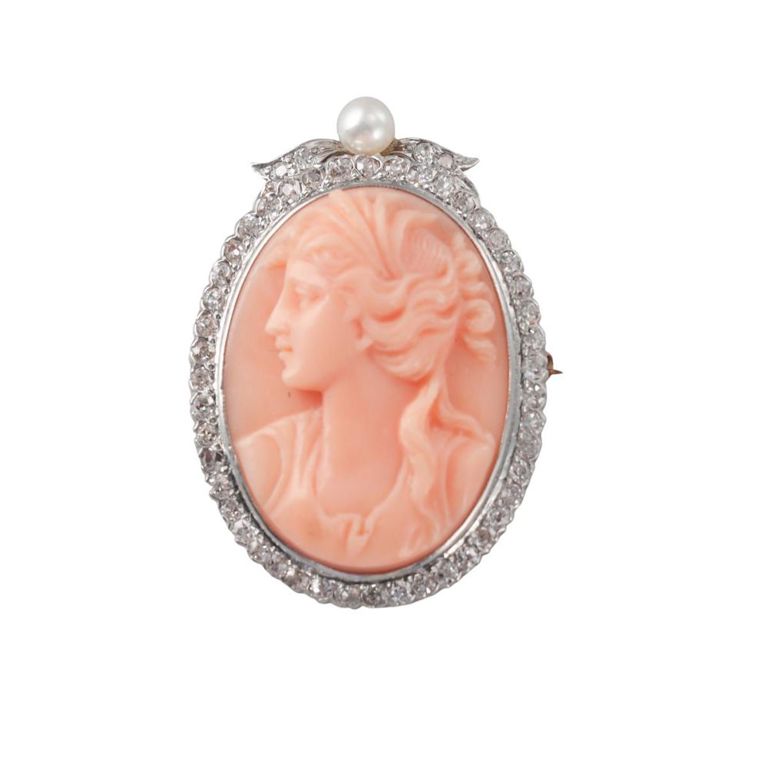 14k Gold Diamond Coral and Pearl Brooch/Pendant