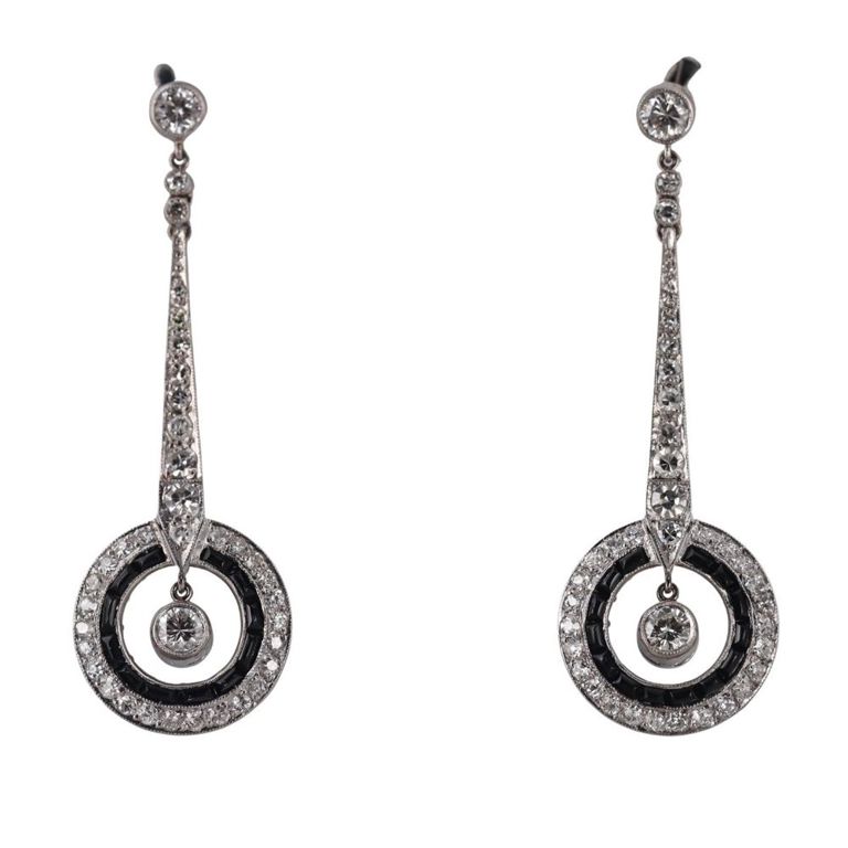 Pair of Platinum Diamond and Onyx Drop Earrings