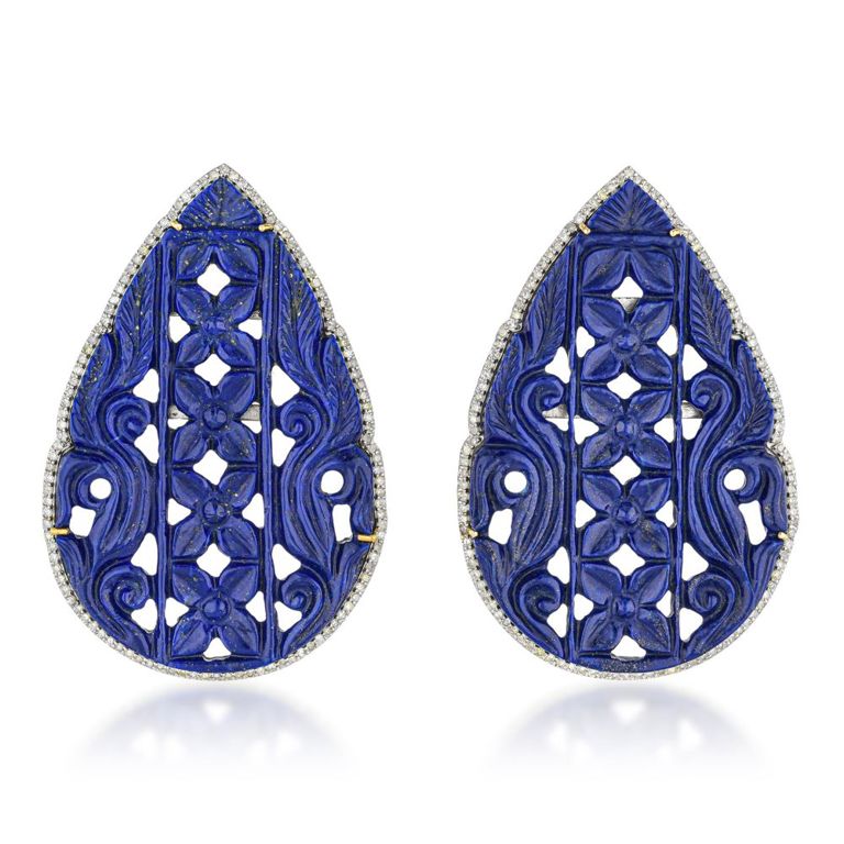Pair of 14k Gold Silver Lapis and Diamond Earrings