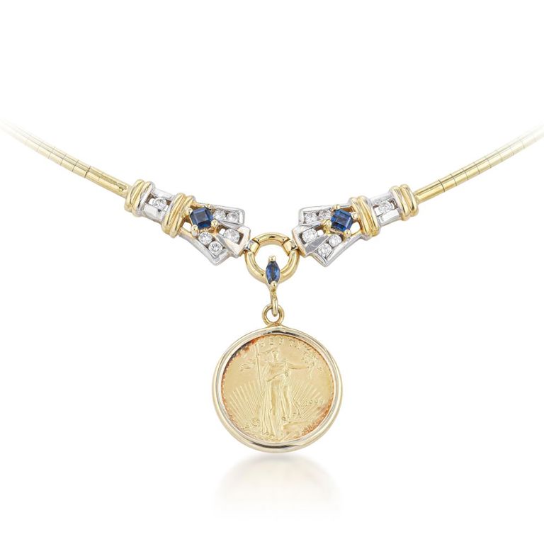 14k Gold Sapphire Diamond Coin Necklace