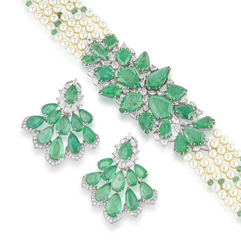 Emerald, Pearl and Diamond Jewelry Set