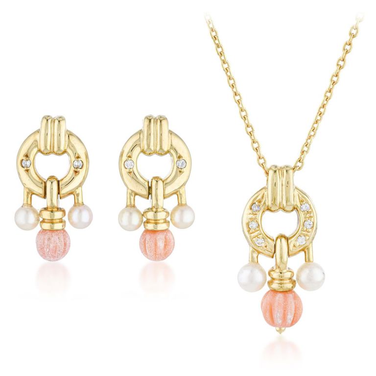 Set of Coral, Pearl and Diamond Jewelry