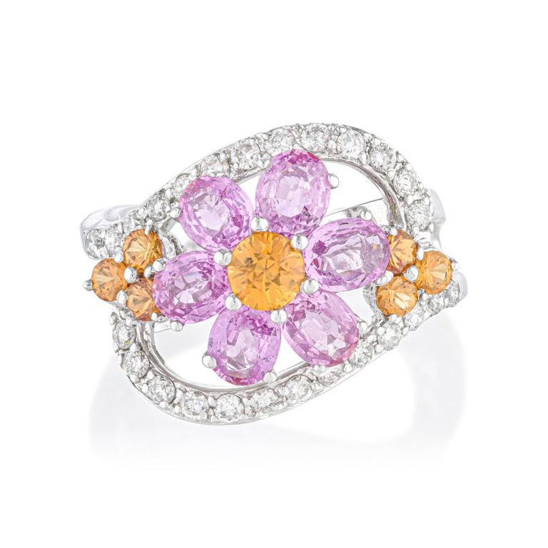 Pink, Yellow Sapphire and Diamond Flower Ring
