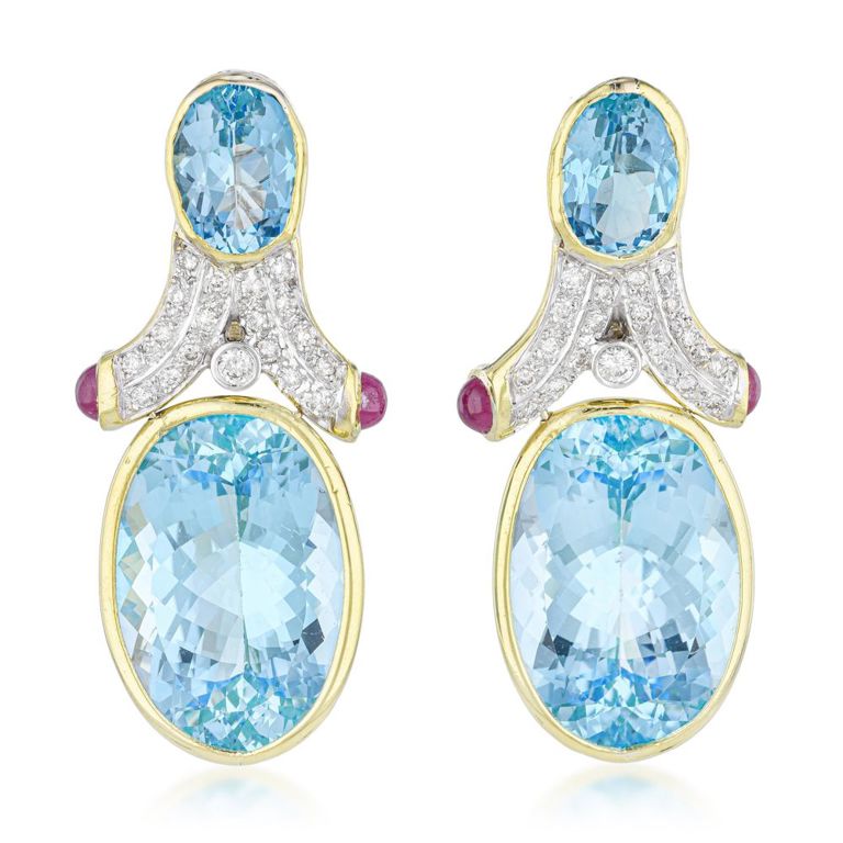 Pair of 18k Gold Blue Topaz and Diamond Earrings