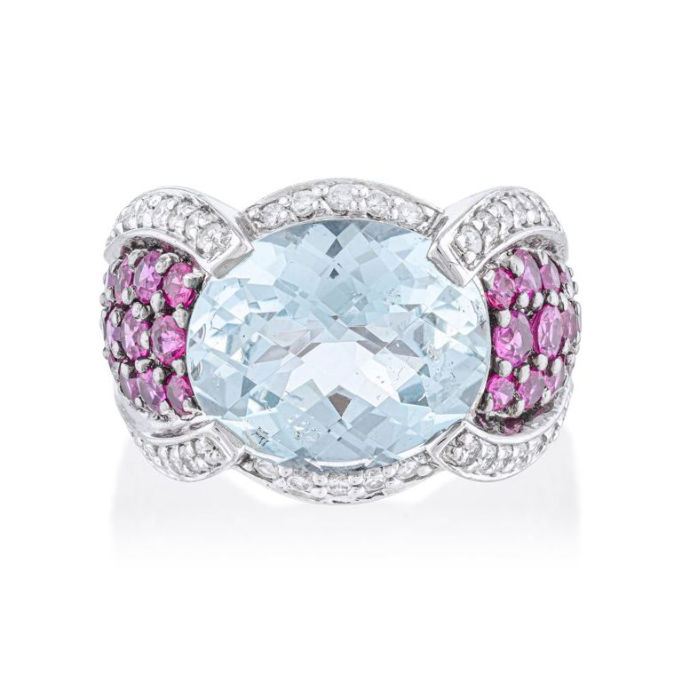 18k Gold Aquamarine, Ruby and Diamond Ring
