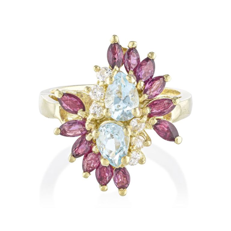 14k Gold Ruby, Aquamarine and Diamond Ring