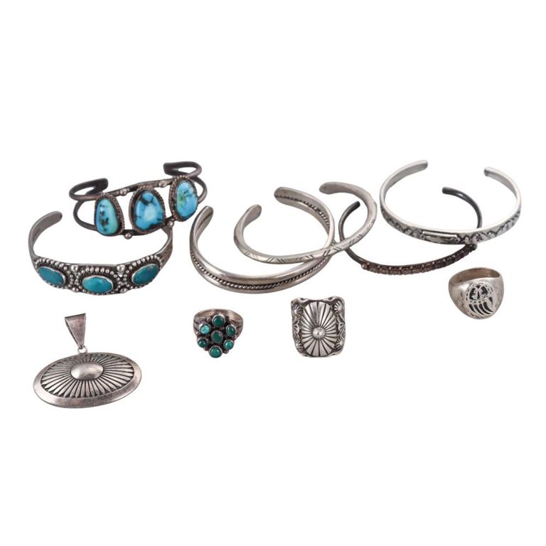 Set of 10 Sterling Silver Turquoise Jewelry