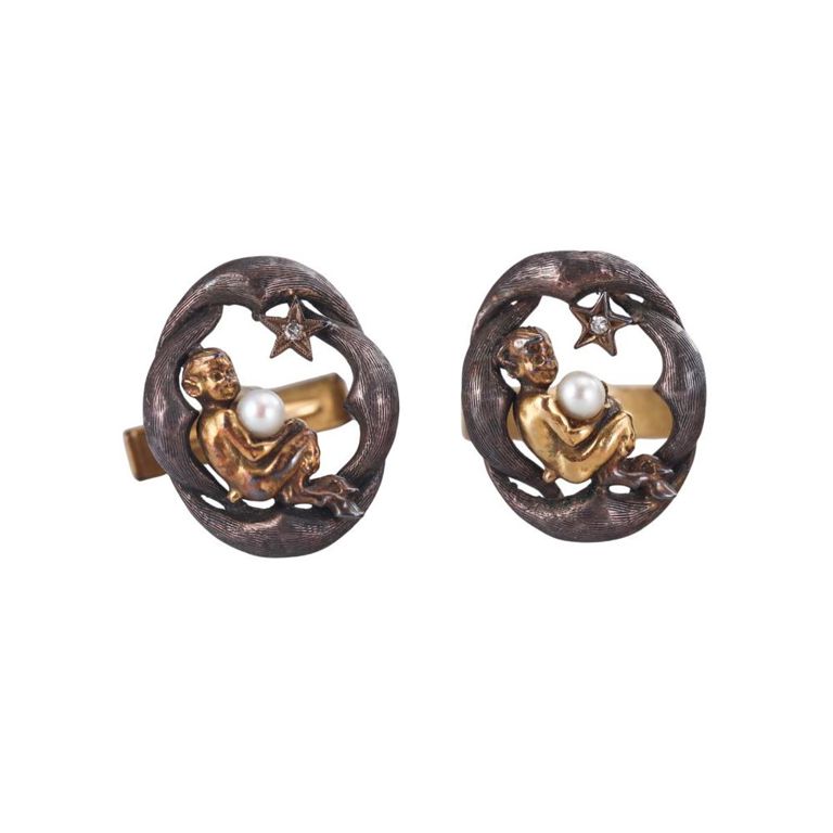 14k Gold Silver Pearl and Diamond Cufflinks
