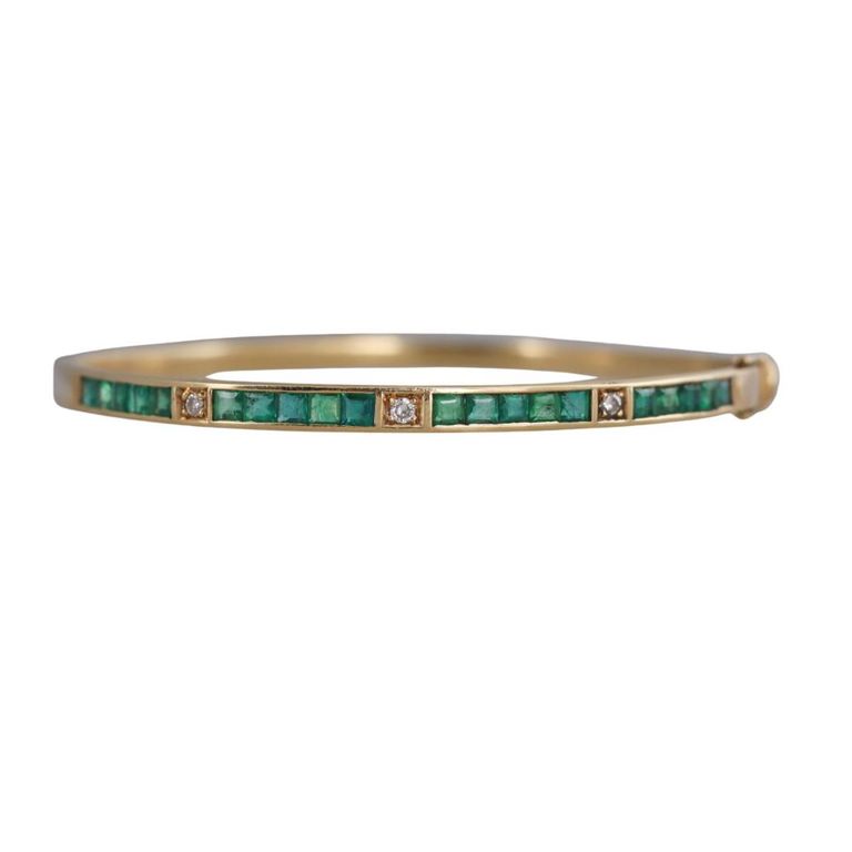 18k Gold Diamond and Emerald Bangle Bracelet