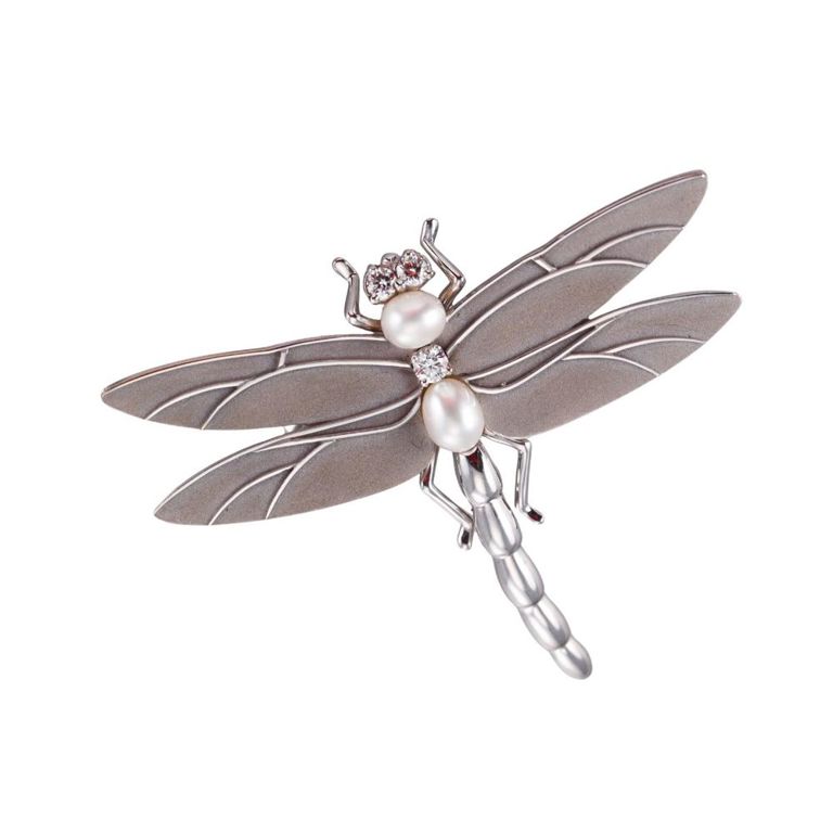 18k Gold Diamond and Pearl Dragonfly Brooch