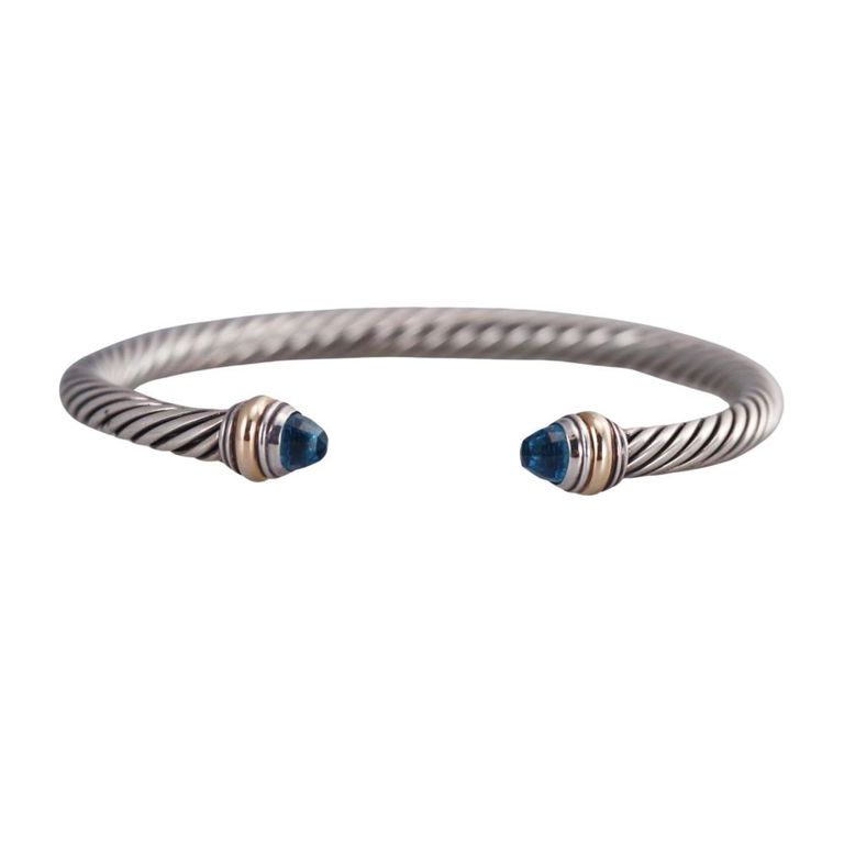 Sterling Silver 14k Gold Blue Topaz Cable Bracelet