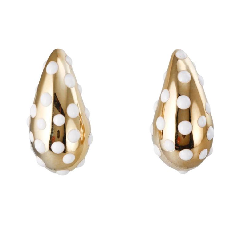 18k Gold White Enamel Teardrop Earrings