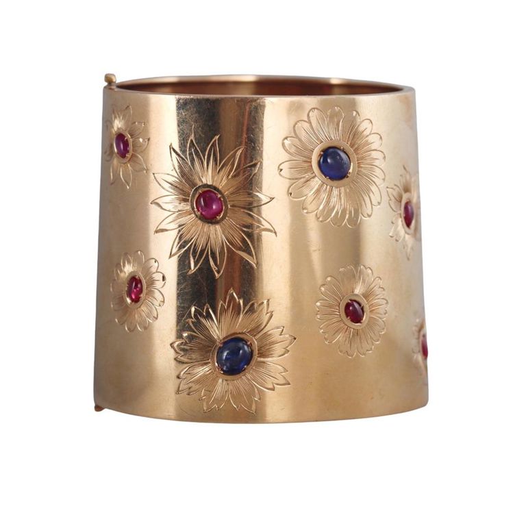 18k Gold Sapphire and Ruby Floral Bangle Bracelet