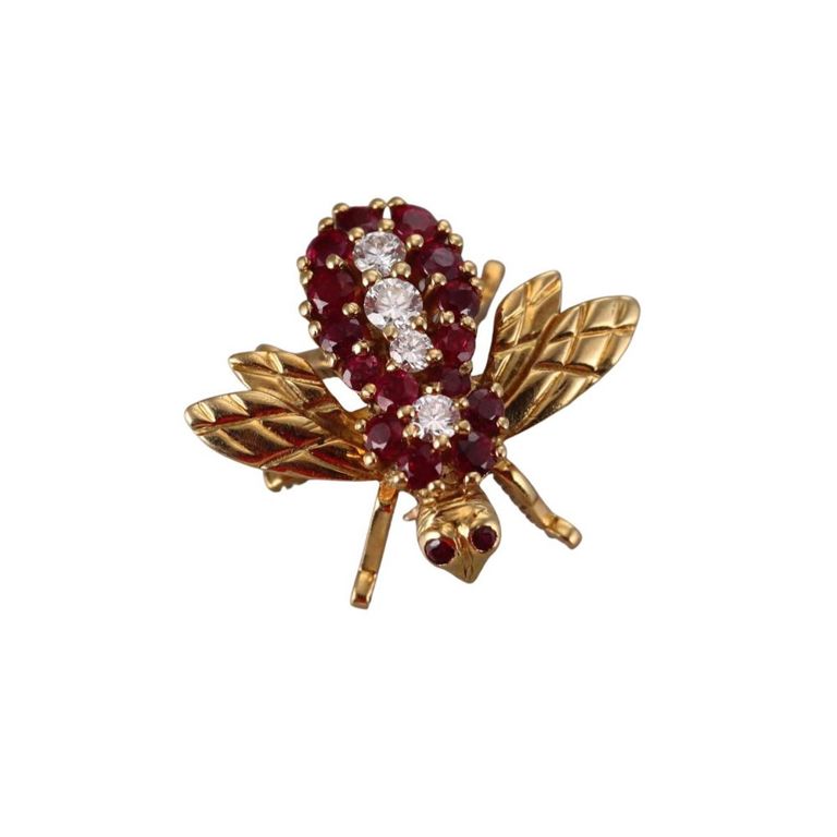 18k Gold Diamond and Ruby Bee Brooch