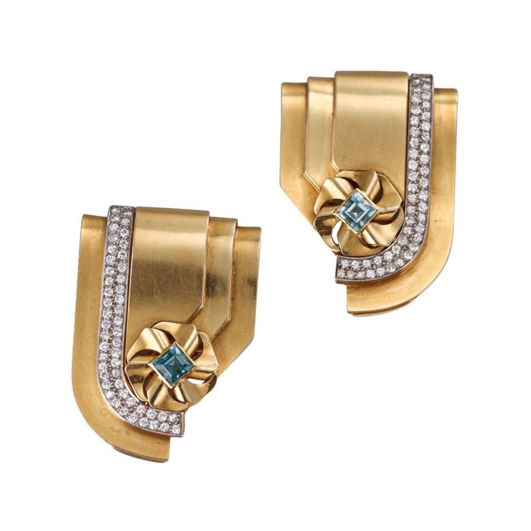 Set of 2 18k Gold Diamond and Blue Zircon Brooches