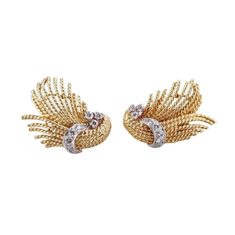 18k Gold Diamond Fan Motif Earrings