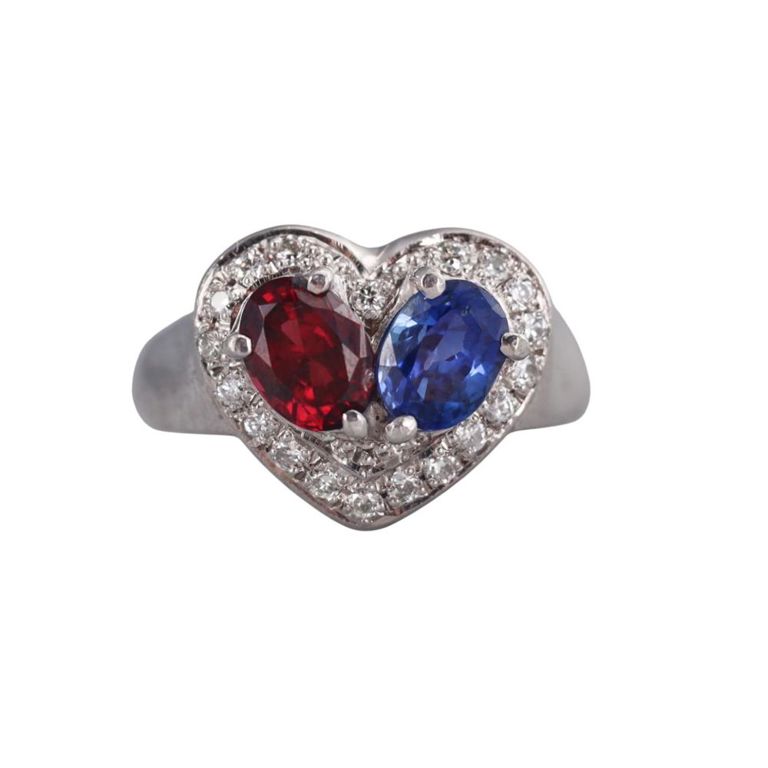Platinum Diamond Sapphire and Ruby Heart Ring
