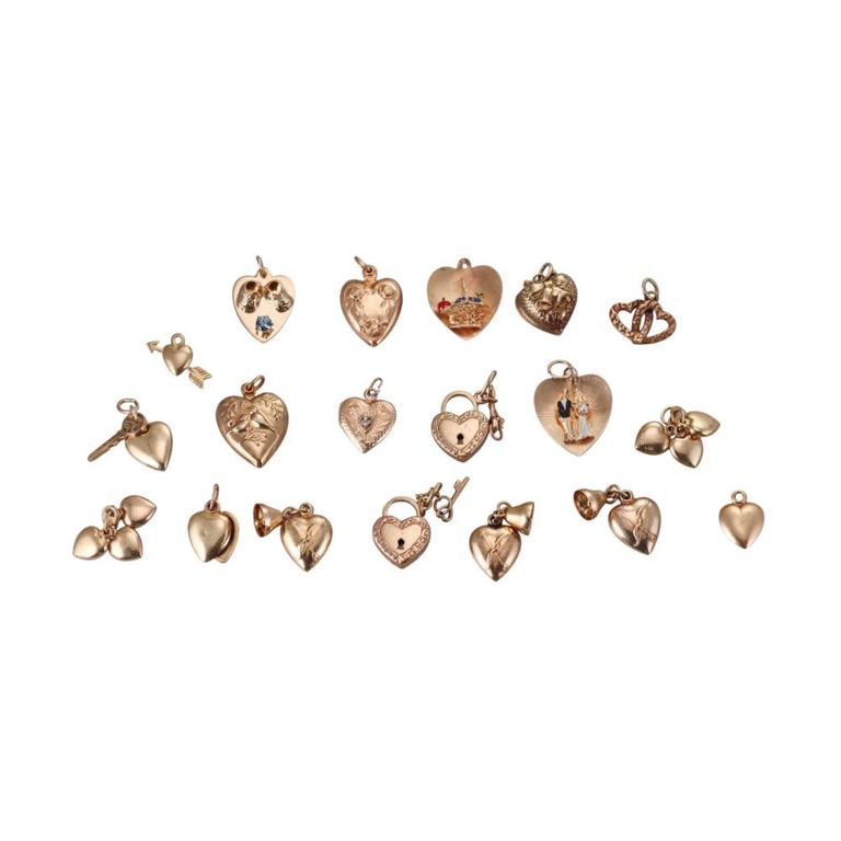Set of 19 Vintage 14k Gold Heart Charms