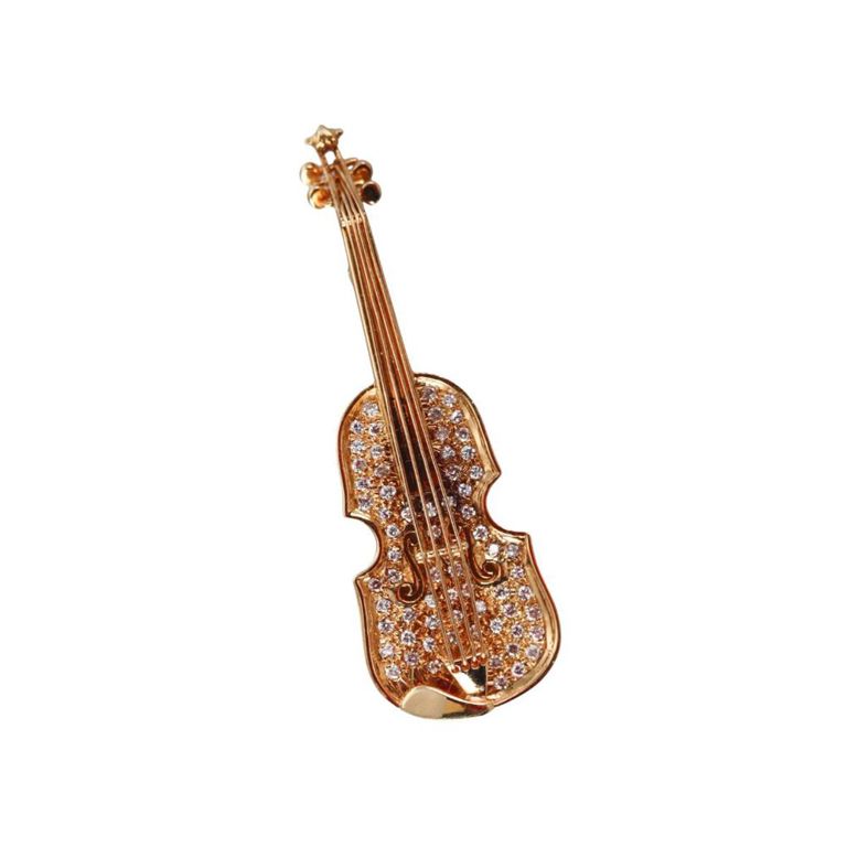 18k Gold Diamond Violin Brooch