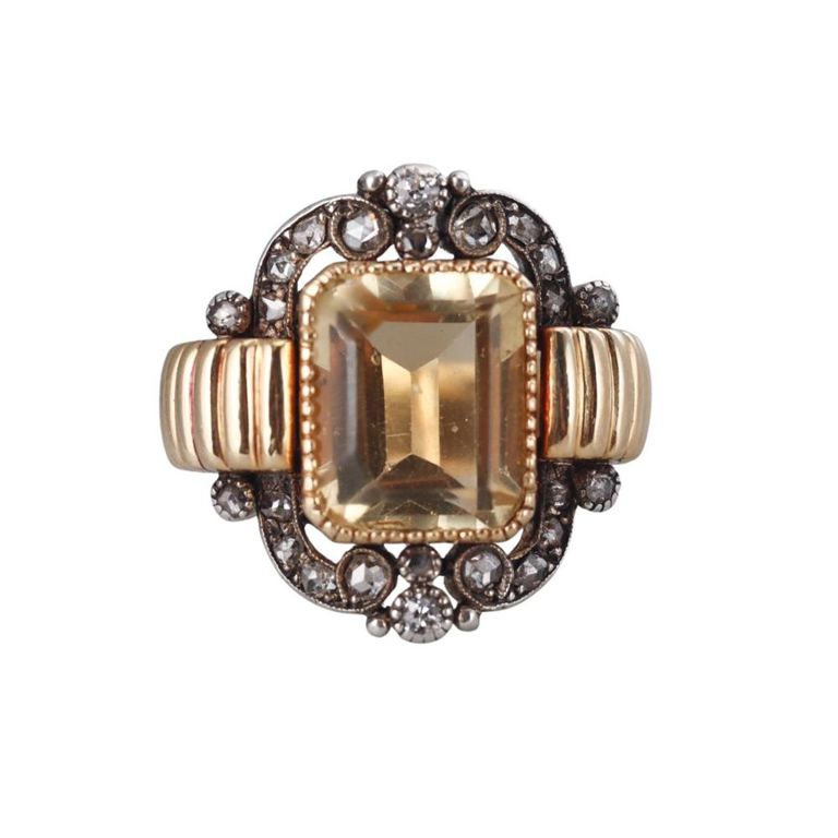 18k Gold Silver Citrine and Diamond Ring