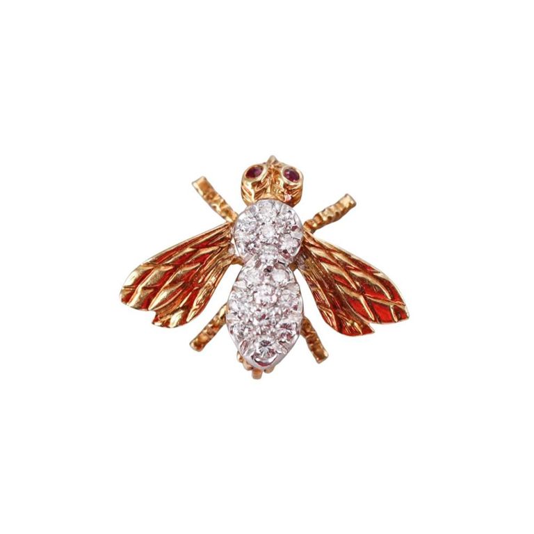 18k Gold Diamond and Ruby Bee Brooch