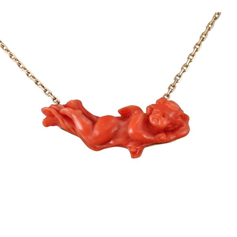 18k Gold Carved Coral Cherub Pendant Necklace