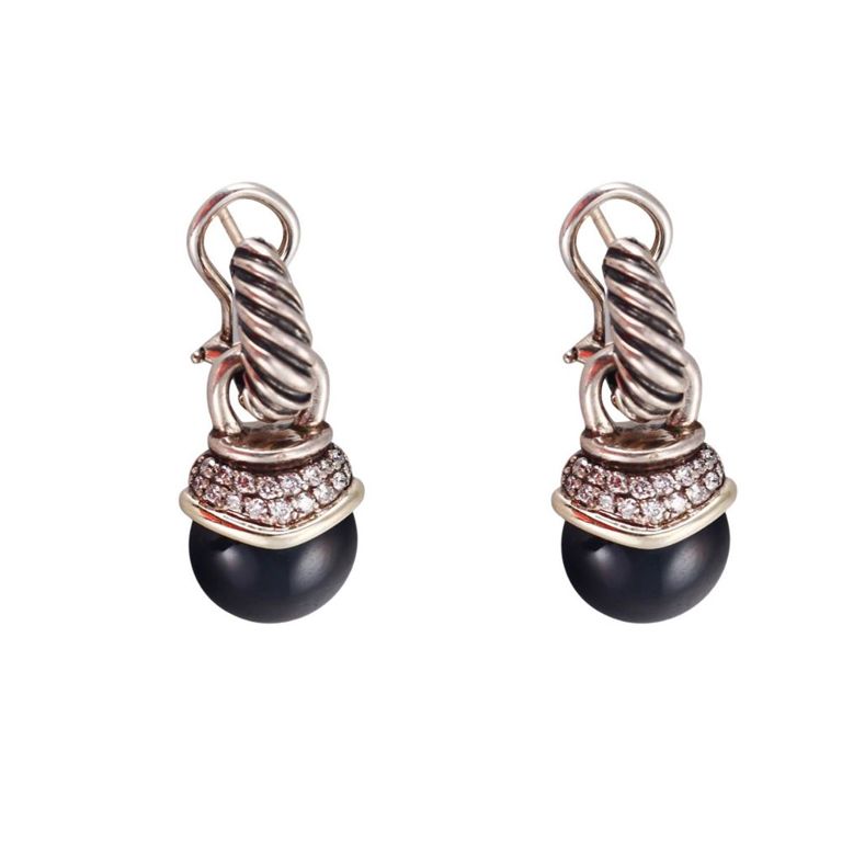 14k Gold, Silver Onyx and Diamond Earrings