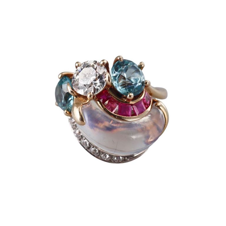 14k Gold Diamond, Zircon, Ruby and Moonstone Ring