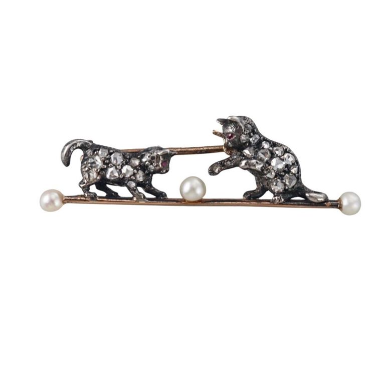 14k Gold Silver Diamond and Pearl Cat Brooch